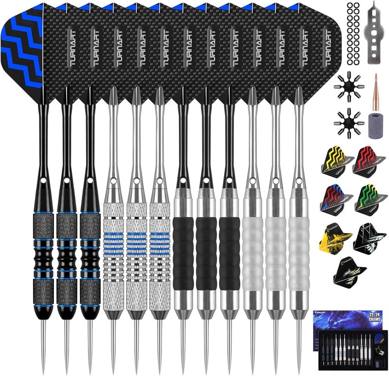 Turnart Darts Metal Tip Set - Steel Tip Darts Darts Set Professional Metal Darts 12 pcs 22/24 Grams Pro Dart Set with Stylish Case Aluminum Shafts Extra 9 Flights - Image 1